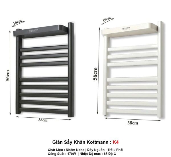 Giá sấy khăn điện Kottmann K4 kích thước