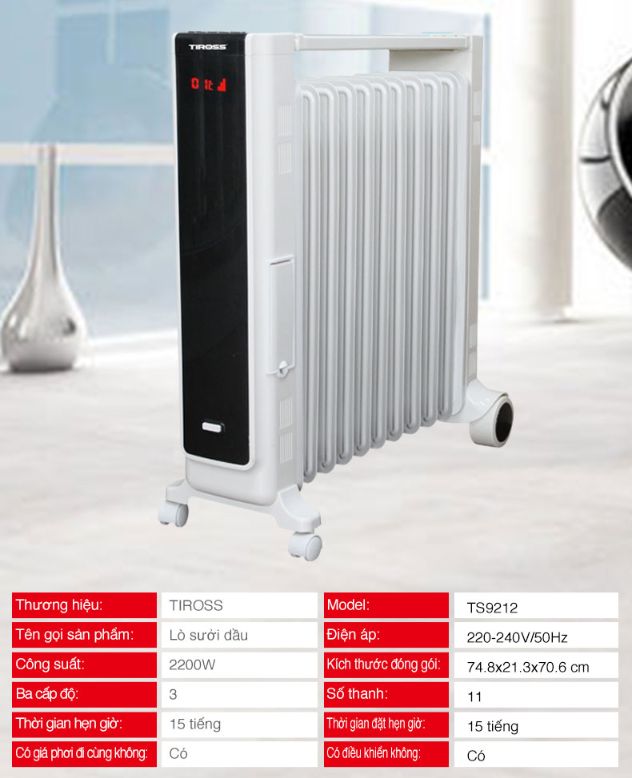 Máy sưởi dầu Tiross TS9212, 11 thanh, có điều khiển từ xa