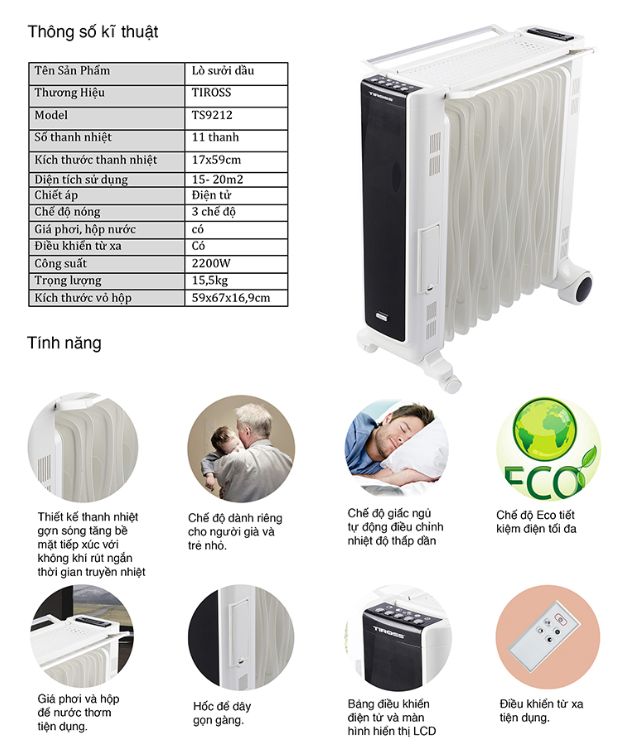Máy sưởi dầu Tiross TS9212, 11 thanh, có điều khiển từ xa
