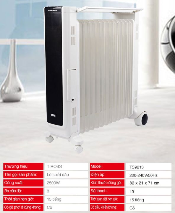 Máy sưởi dầu Tiross TS9213, 13 thanh, có điều khiển từ xa