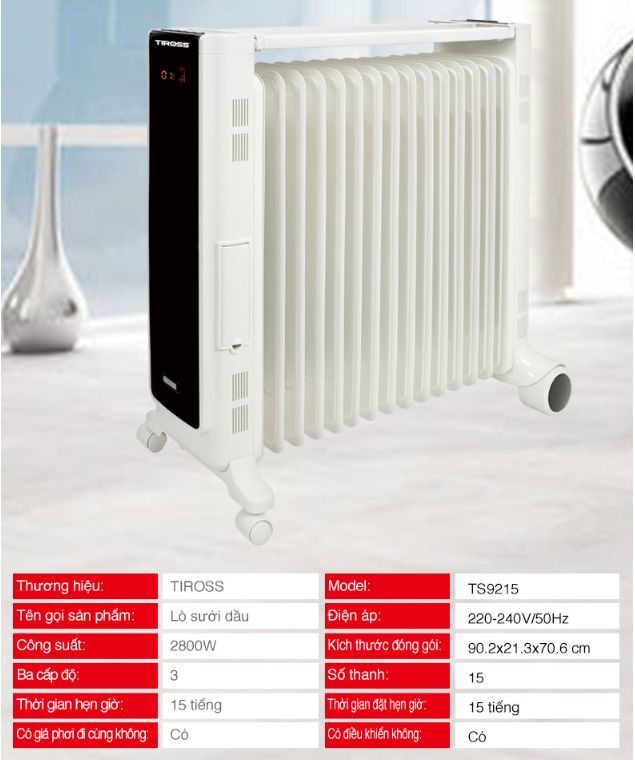 Máy sưởi dầu Tiross TS9215, 15 thanh, có điều khiển từ xa
