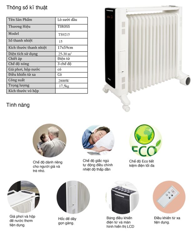 Máy sưởi dầu Tiross TS9215, 15 thanh, có điều khiển từ xa