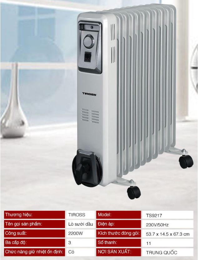 Máy sưởi dầu Tiross TS9217, 11 thanh, 2200W