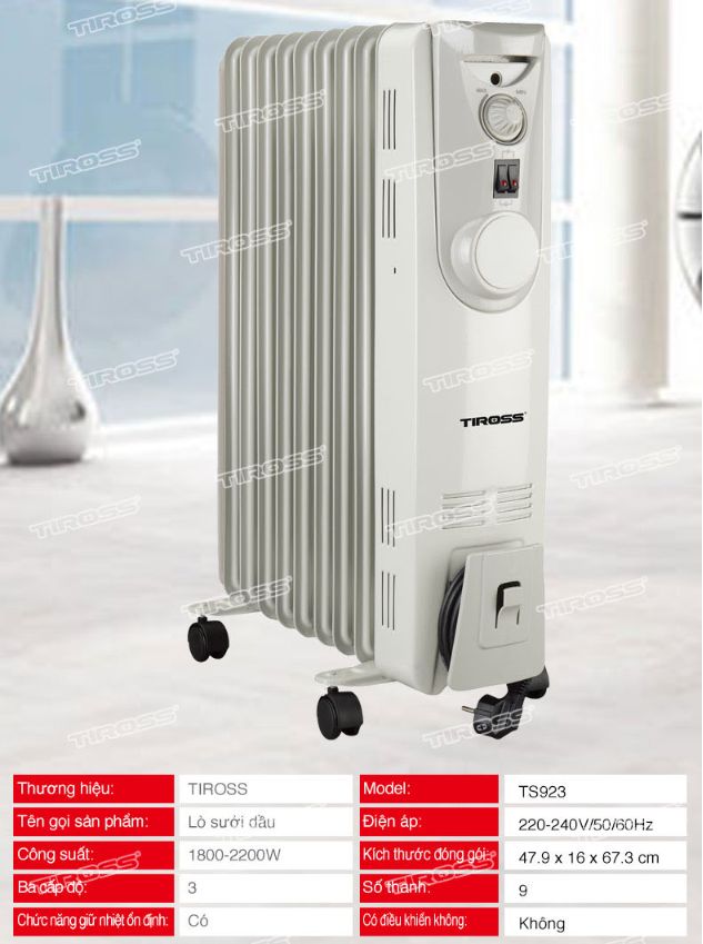 Máy sưởi dầu Tiross TS923 , 9 thanh, 1800-2200W
