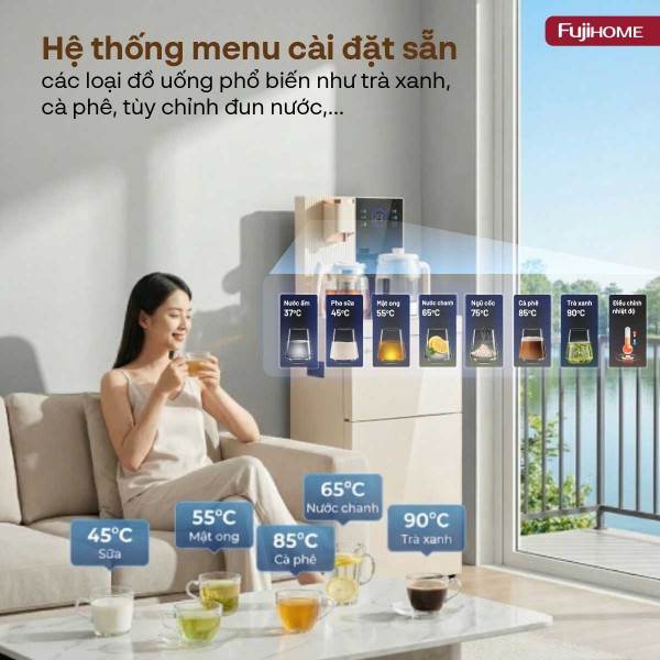 Cây nước nóng lạnh bàn trà Fujihome TB238N-UV hệ thống menu cài đặt sẵn