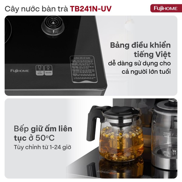 Cây nước nóng lạnh bàn trà Fujihome TB241N-UV bảng điều khiển tiếng việt