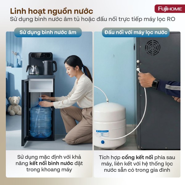 Cây nước nóng lạnh bàn trà Fujihome TB392N linh hoạt nguồn nước