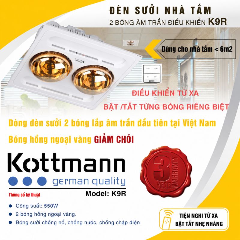 Đèn sưởi 2 bóng âm trần Kottmann K9R có điều khiển
