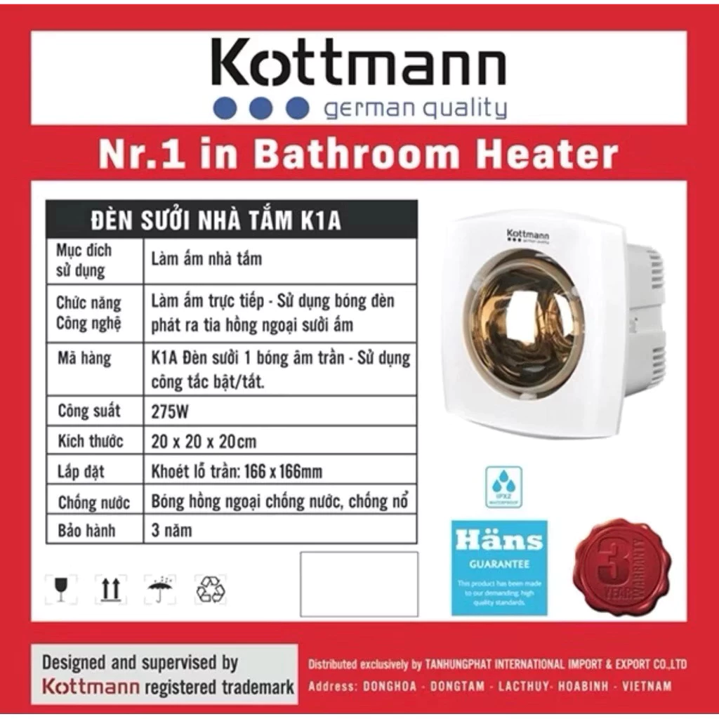 Đèn sưởi nhà tắm âm trần Kottmann K1A 1 bóng