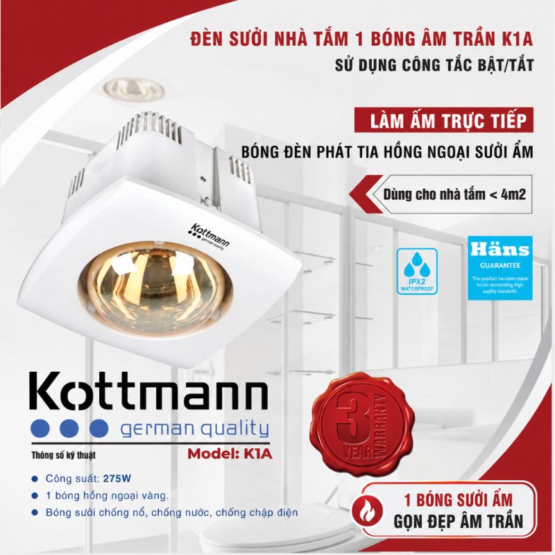 Đèn sưởi nhà tắm âm trần Kottmann K1A 1 bóng