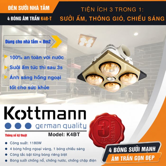 Đèn sưởi nhà tắm âm trần Kottmann K4BT 4 bóng