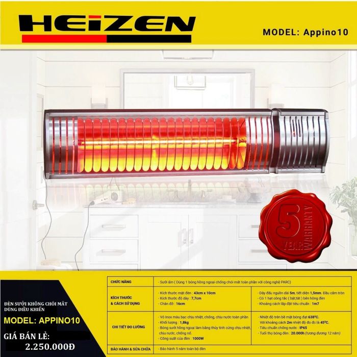 Đèn sưởi nhà tắm Heizen APPINO10, Không chói mắt,