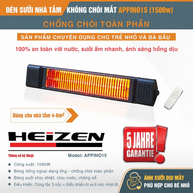 Đèn sưởi nhà tắm Heizen APPINO15, Không chói mắt