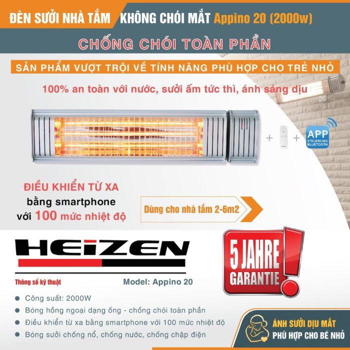 Đèn sưởi nhà tắm Heizen APPINO20, Không chói mắt, có điều khiển