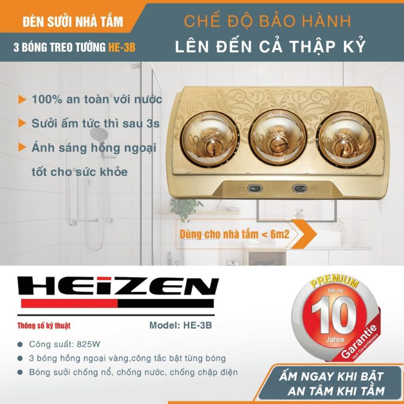 Đèn sưởi nhà tắm Heizen HE-3B 3 bóng vàng, 825W