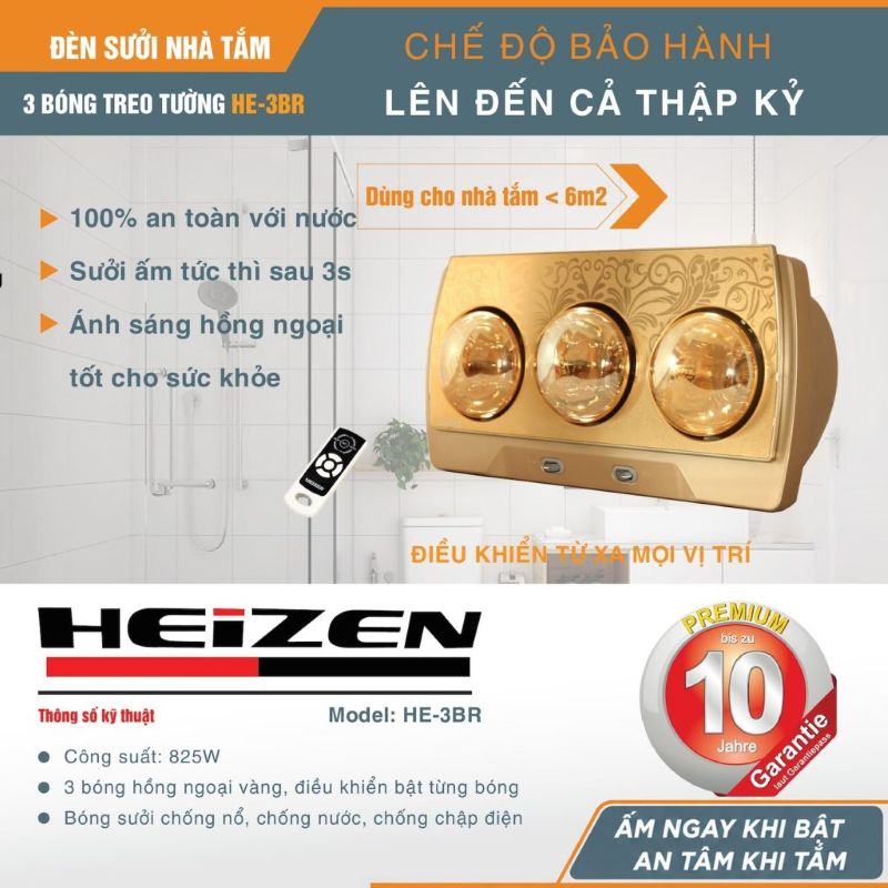Đèn sưởi nhà tắm Heizen HE-3BR 3 bóng vàng, 825W