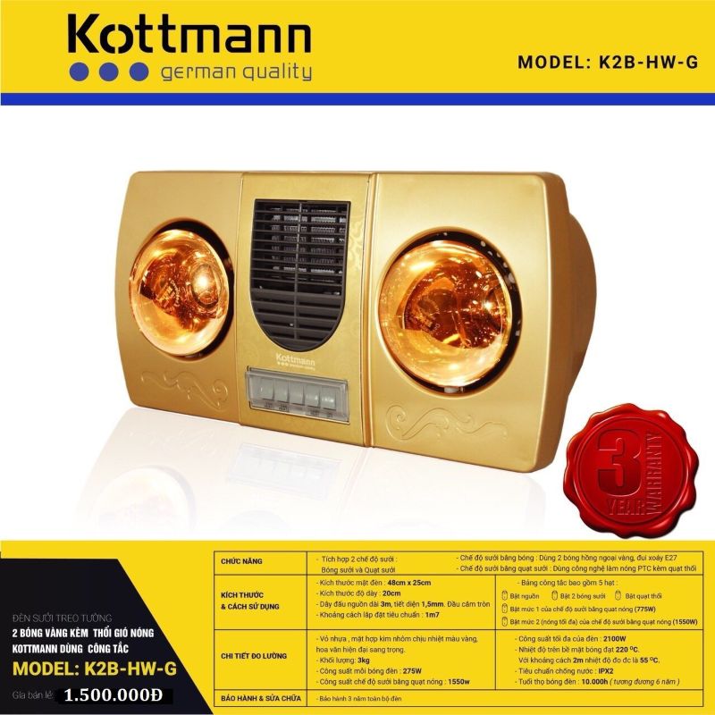 Đèn sưởi nhà tắm Kottmann K2B-HW-G 2 bóng, 1 quạt, 2100W