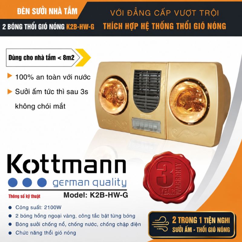 Đèn sưởi nhà tắm Kottmann K2B-HW-G 2 bóng, 1 quạt, 2100W
