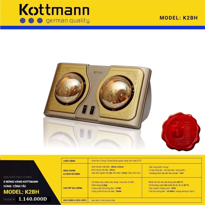 Đèn sưởi nhà tắm Kottmann K2BH 2 bóng vàng, 550W
