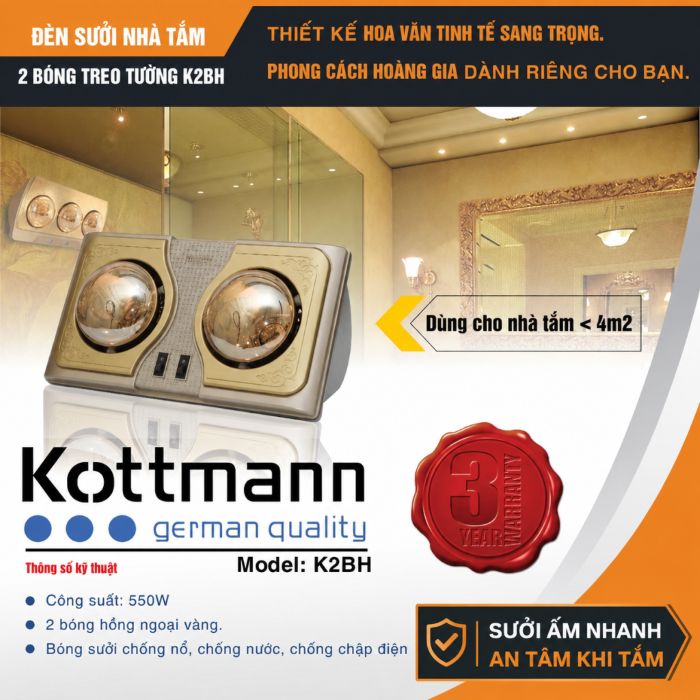 Đèn sưởi nhà tắm Kottmann K2BH 2 bóng vàng, 550W
