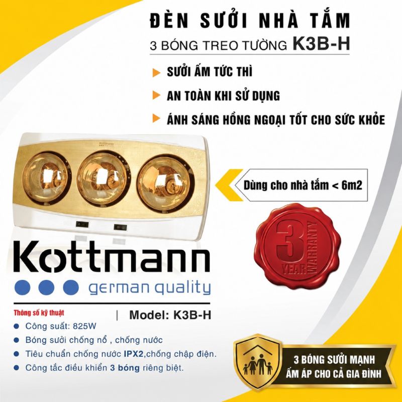 Đèn sưởi nhà tắm Kottmann K3BH 3 bóng vàng, 825W