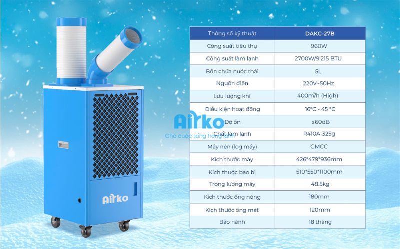 Điều hòa di động công nghiệp Airko DAKC-27B - 9215BTU
