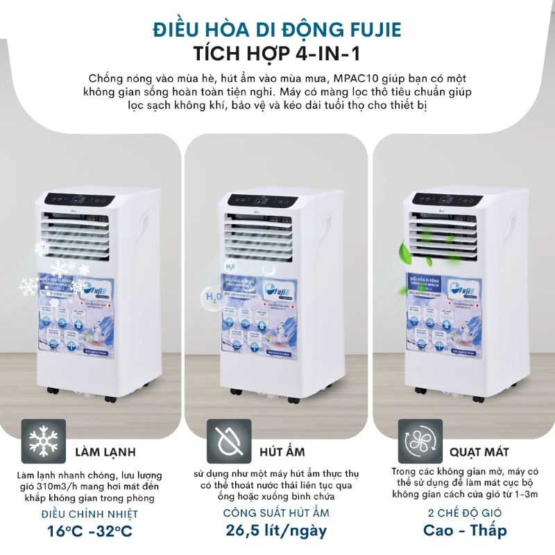 Điều hòa di động FujiE MPAC10 tích hợp 3 trong 1, làm lạnh, hút ẩm, quạt