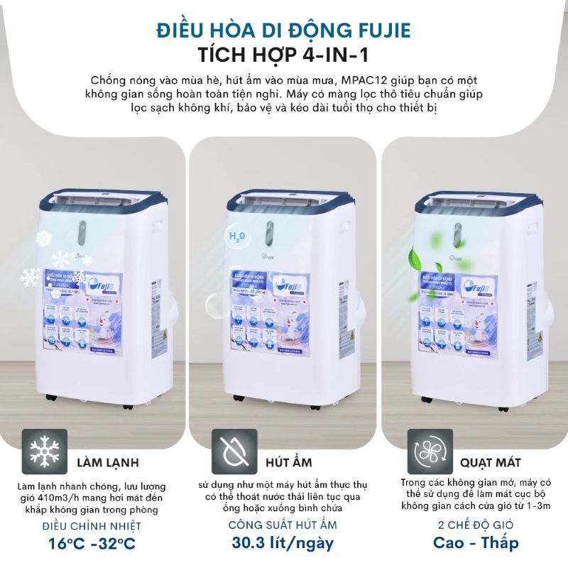 Điều hòa di động FujiE MPAC12 - 12000BTU, đa chức năng
