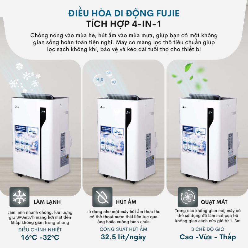 Điều hòa di động FujiE MPAC14 đa chức năng làm lạnh, quạt, hút ẩm