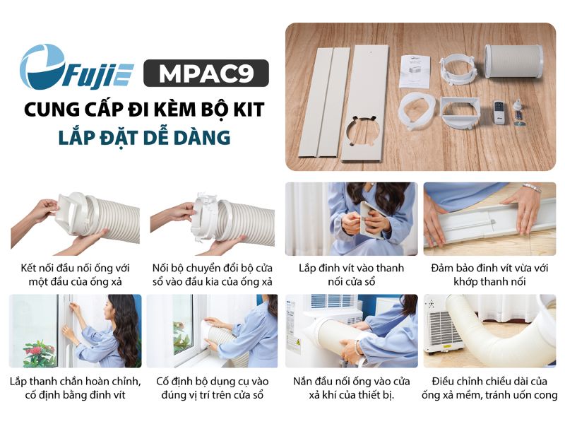 Điều hòa di động FujiE MPAC9 đi kèm bộ kít dễ dàng lắp đặt