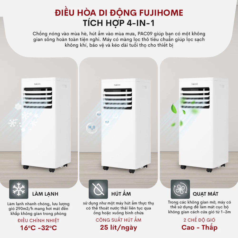 Điều hòa di động Fujihome PAC09 đa chức năng, làm lạnh, hút ẩm, quạt
