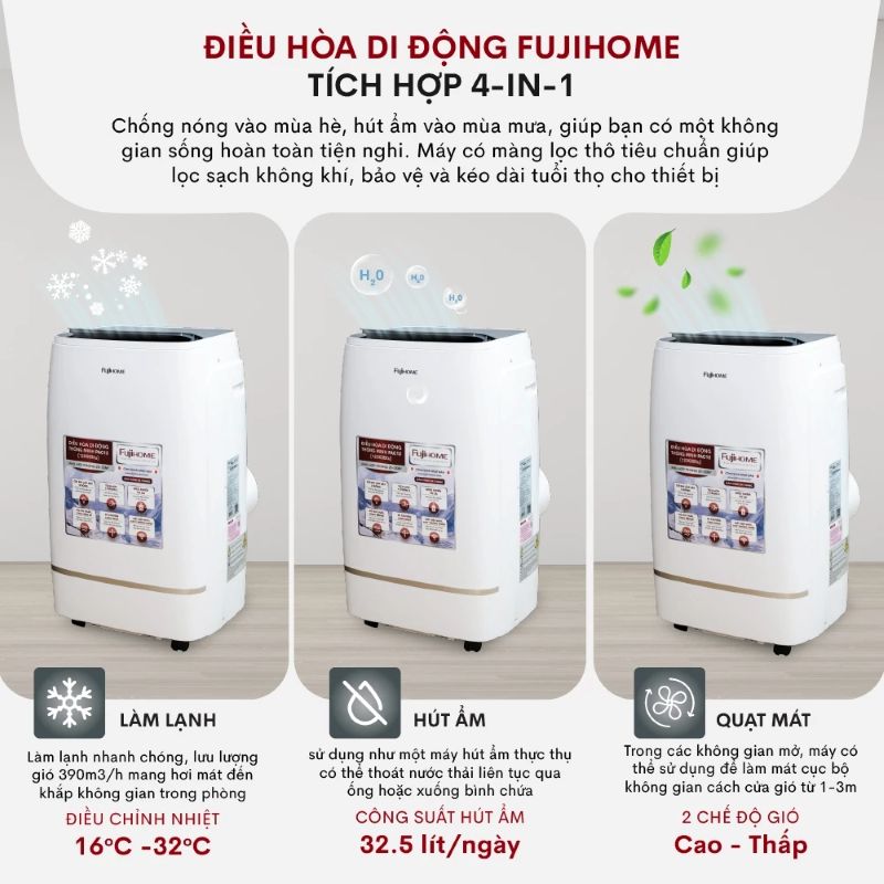 Điều hòa di động Fujihome PAC12 - 12000BTU, kết nối wifi