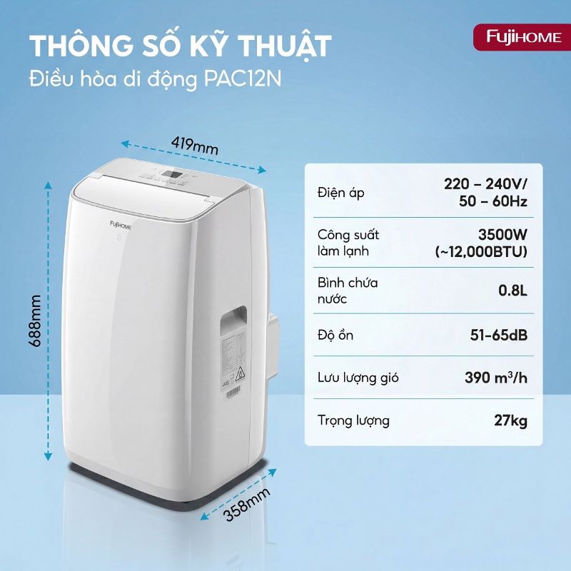 Điều hòa di động Fujihome PAC12N - 12000BTU, thông số kỹ thuật
