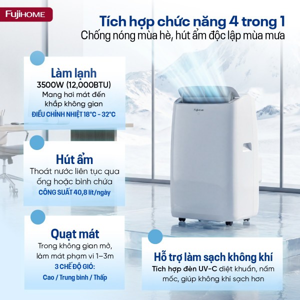 Điều hòa di động Fujihome PAC12N - 12000BTU, kết nối wifi, 4 trong 1