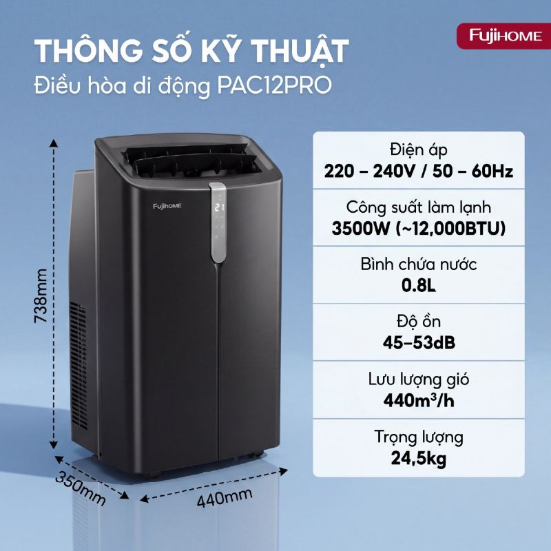 Điều hòa di động Fujihome PAC12PRO - 12000BTU, kết nối wifi