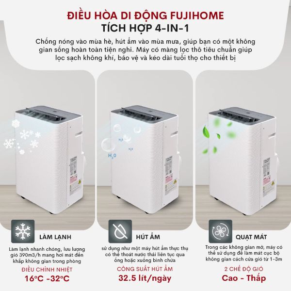 Điều hòa di động Fujihome PAC14 - 14000BTU, kết nối wifi