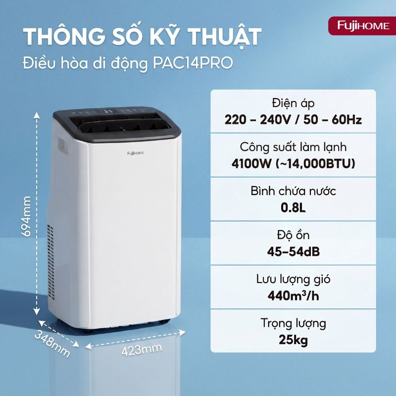 Điều hòa di động Fujihome PAC14PRO inverter, kết nối wifi