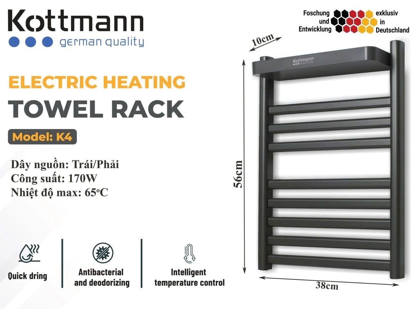 Giá sấy khăn Kottmann K4 màu xám đậm