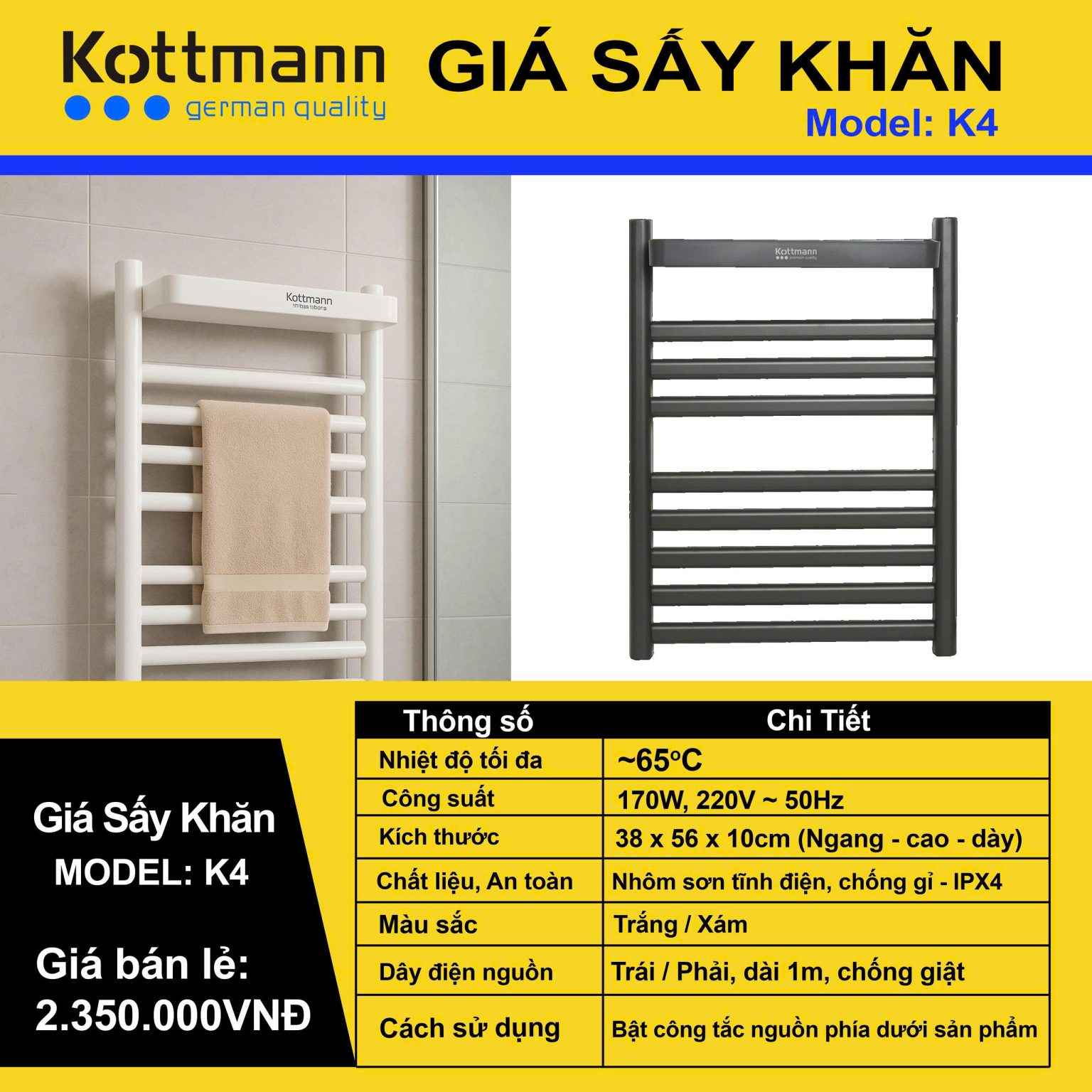 Giá sấy khăn Kottmann K4