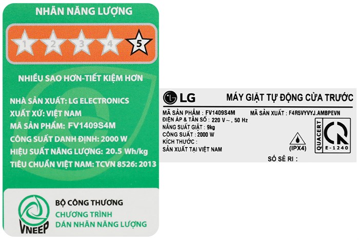 Máy giặt LG FV1409S4M nhãn năng lượng