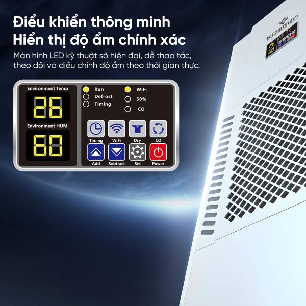 Máy hút ẩm công nghiệp Kosmen KM-180S bảng điều khiển