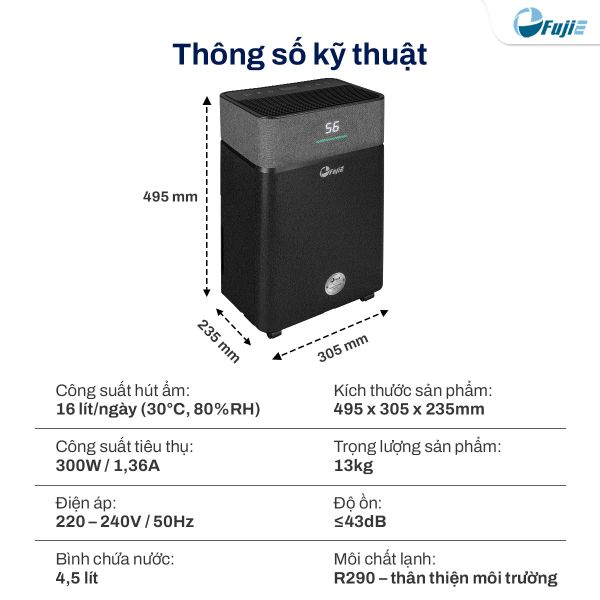 Máy hút ẩm FujiE HM-916ED (16 lít/ngày), có wifi
