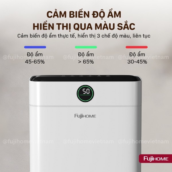Máy hút ẩm Fujihome DH18W-HEPA đèn báo độ ẩm qua màu sắc