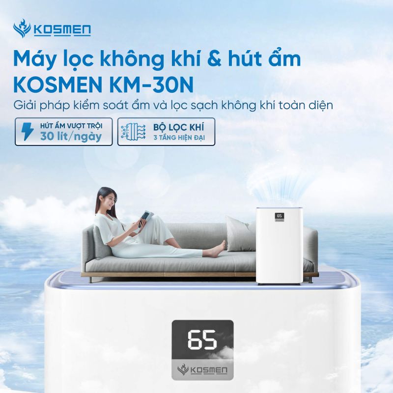 Máy hút ẩm lọc không khí Kosmen KM-30N (30 lít/ngày), Wifi