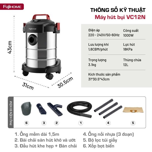 Máy hút bụi công nghiệp Fujihome VC12N thông số kỹ thuật