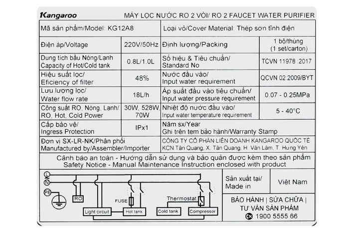Máy lọc nước nóng lạnh Kangaroo KG12A8