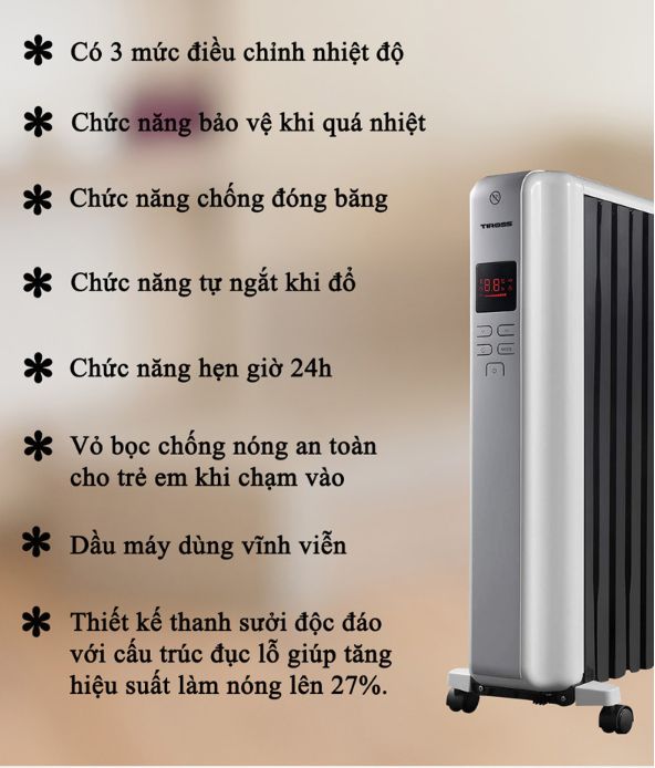 Máy sưởi dầu Tiross TS9218, 12 thanh kín, điều khiển từ xa