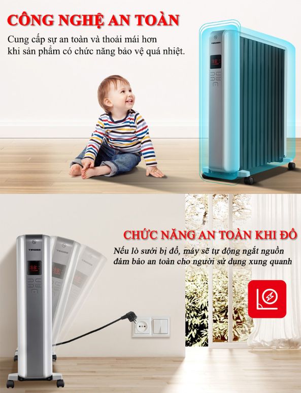 Máy sưởi dầu Tiross TS9218, 12 thanh kín, điều khiển từ xa