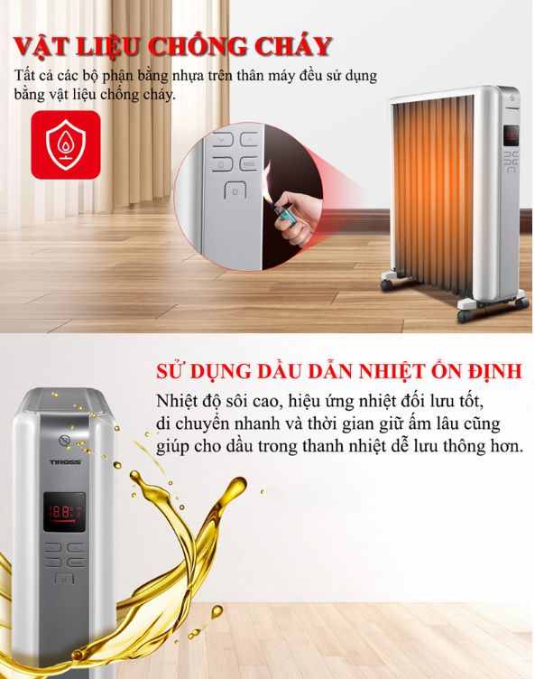 Máy sưởi dầu Tiross TS9218, 12 thanh kín, điều khiển từ xa