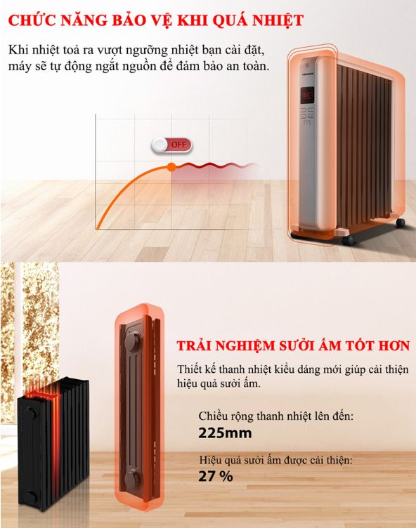 Máy sưởi dầu Tiross TS9218, 12 thanh kín, điều khiển từ xa